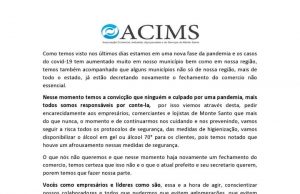 ACIMS (Associação Comercial, Industrial, Agropecuária e de Serviços de Monte Santo de Minas) através de comunicado solicita que todos os comerciantes de Monte Santo de Minas sigam as recomendações dos protocolos de segurança contra o coronavirus. Veja o comunicado: