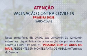 Mutirão de vacinação contra Covid 19 nesta sexta-feira, 07 de maio, no Terreirão do Samba. No mesmo dia a população do Distrito de Milagre também será imunizada