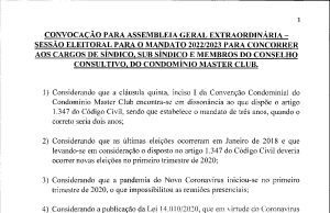 Convocação para assembleia geral extraordinária – sessão eleitoral para o mandato 2022/2023 para concorrer aos cargos de síndico, sub síndico e membros do conselho consultivo do condomínio master club