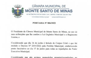 Portaria 006/2022 da Câmara Municipal de Monte Santo de Minas