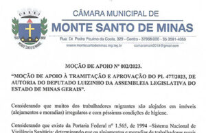 Moção de apoio Nº002/2023 – Câmara Municipal de Monte Santo de Minas