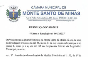 Resolução Nº 006/2023 Câmara Municipal de Monte Santo de Minas