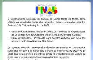 Monte Santo de Minas divulga resultado final dos editais culturais da PNAB
