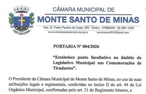 Câmara de Monte Santo de Minas decreta ponto facultativo